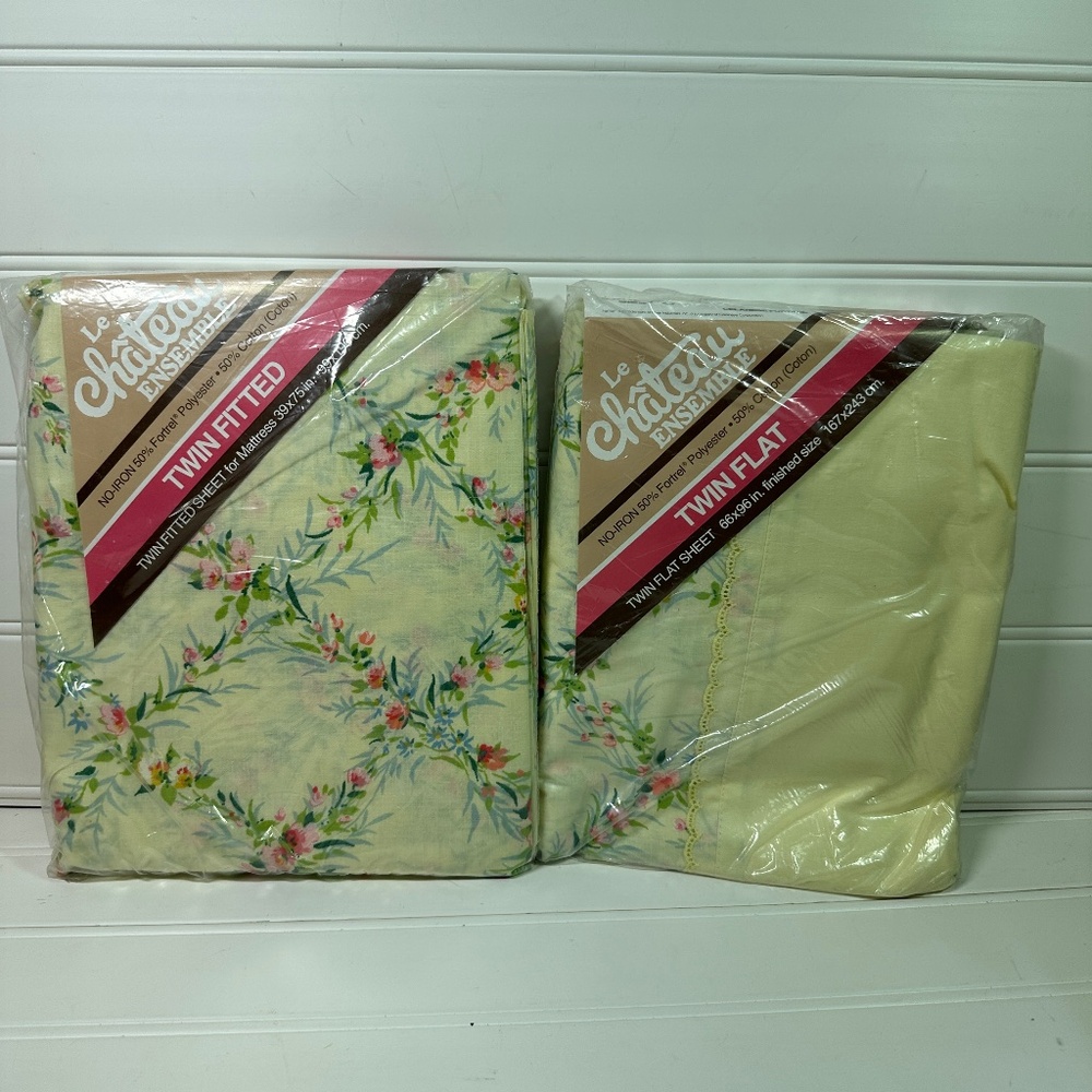 Vtg "Cherbourg Trellis" Le Chateau Ensemble Room Concepts Fitted Flat Sheet Set